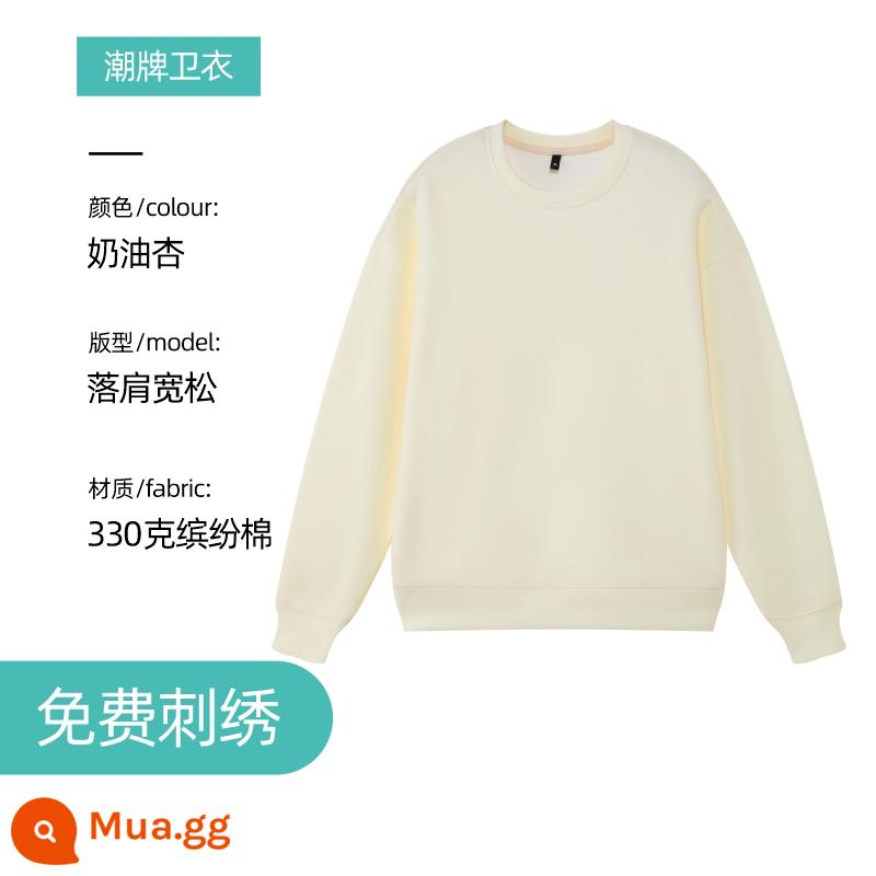 Áo len thêu logo theo yêu cầu in cotton nguyên chất cổ tròn cộng nhung dài tay quần áo bảo hộ lao động áo khoác may riêng cho hoạt động tập thể thu đông - 5166-Sữa mơ màu