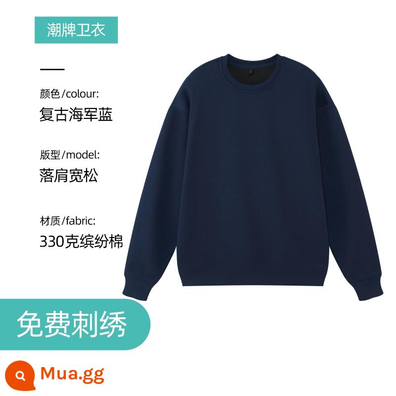 Áo len thêu logo theo yêu cầu in cotton nguyên chất cổ tròn cộng nhung dài tay quần áo bảo hộ lao động áo khoác may riêng cho hoạt động tập thể thu đông - 5166-Hải quân cổ điển