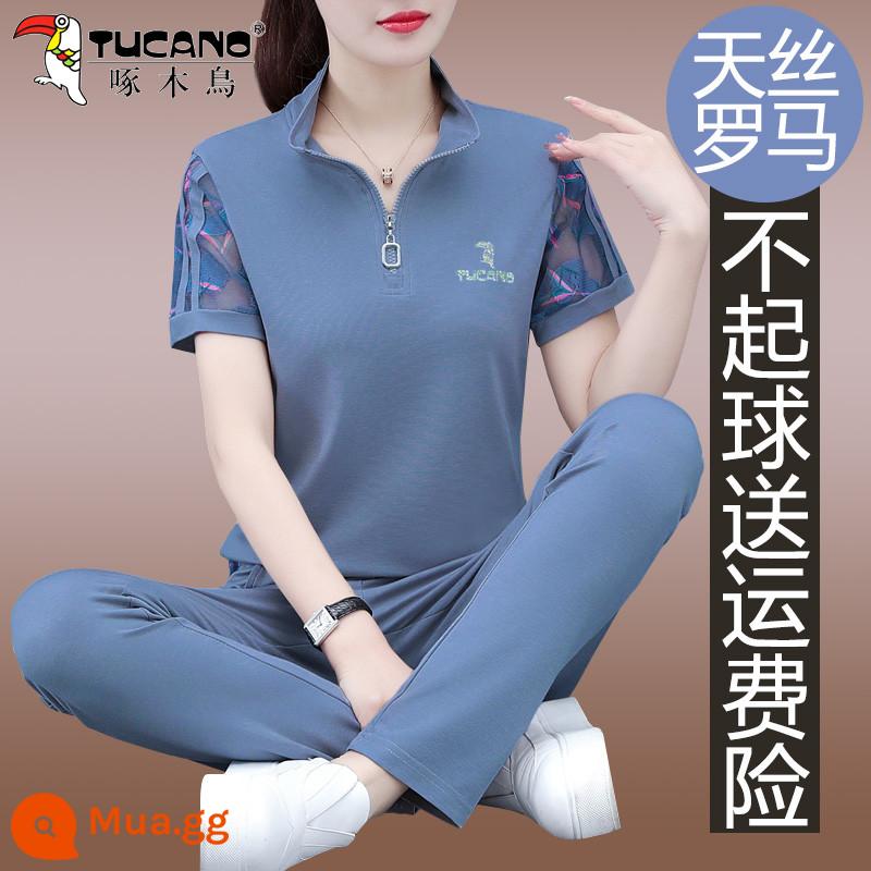 Woodpecker Ice Silk Bộ đồ thể thao mùa hè dành cho nữ Váy mùa hè dành cho phụ nữ trung niên Thời trang Phong cách phương Tây Giản dị cho mẹ Quần ngắn tay - Bộ quần tây dây kéo màu xanh sương mù ZSZ2305