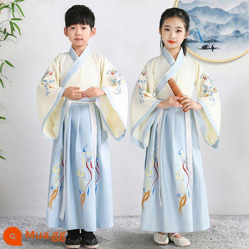 Hanfu Nam sinh Trường Quốc học Quần áo Phong cách Trung Quốc Trẻ em Trang phục Cổ xưa Sách Nam sinh Tiểu học Quần áo Trẻ em Trang phục Niệm Nữ - Gạo cát trắng xanh nhạt cùng kiểu dáng cho nam và nữ