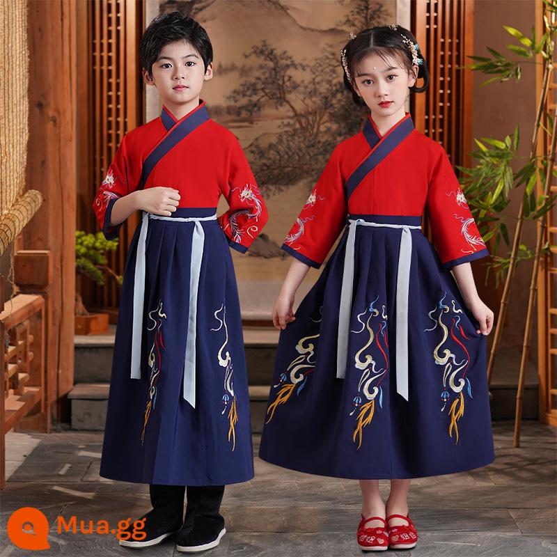 Hanfu Nam sinh Trường Quốc học Quần áo Phong cách Trung Quốc Trẻ em Trang phục Cổ xưa Sách Nam sinh Tiểu học Quần áo Trẻ em Trang phục Niệm Nữ - Tay áo ngắn màu xanh đậm màu đỏ tốt lành cho nam và nữ