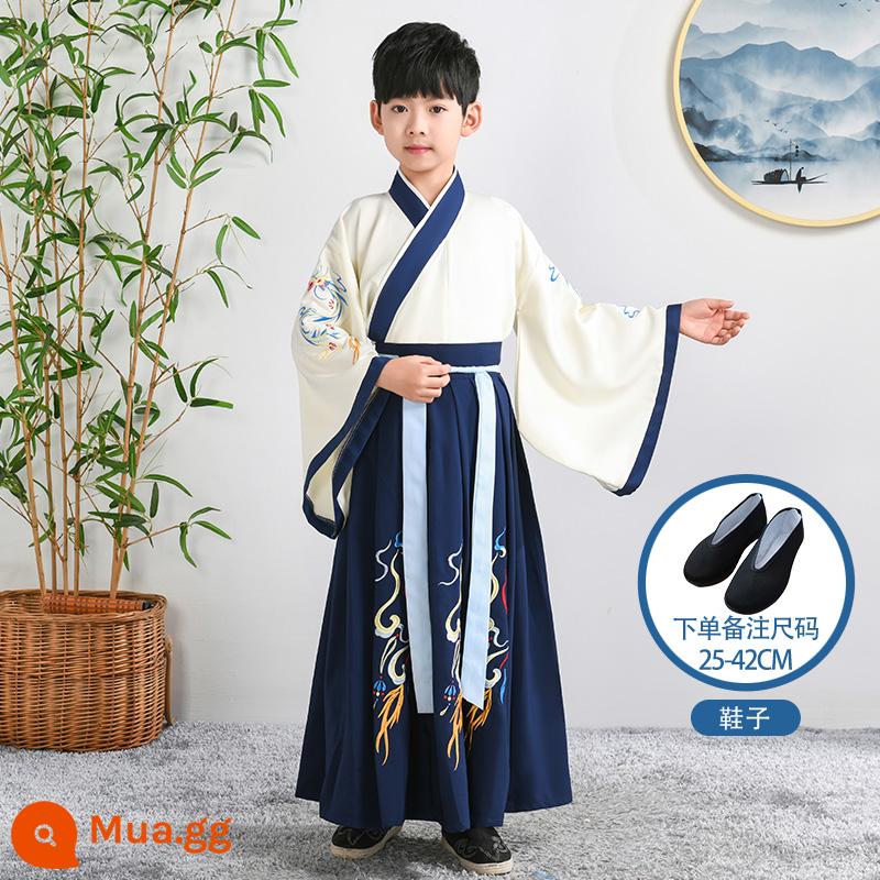 Hanfu Nam sinh Trường Quốc học Quần áo Phong cách Trung Quốc Trẻ em Trang phục Cổ xưa Sách Nam sinh Tiểu học Quần áo Trẻ em Trang phục Niệm Nữ - Giày vải màu be xanh đậm + đen tốt lành (vui lòng lưu ý kích thước)