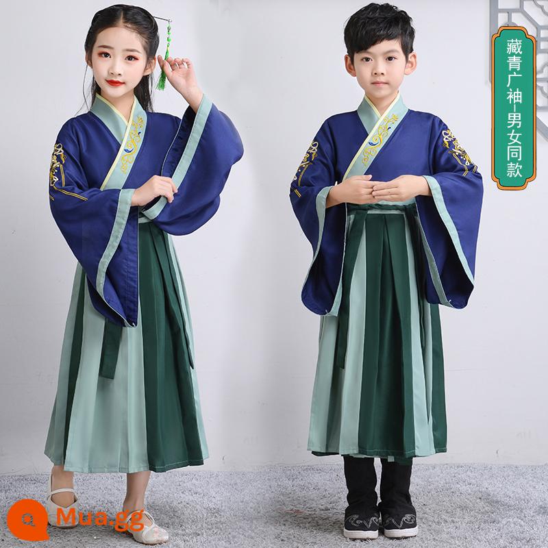 Hanfu Nam sinh Trường Quốc học Quần áo Phong cách Trung Quốc Trẻ em Trang phục Cổ xưa Sách Nam sinh Tiểu học Quần áo Trẻ em Trang phục Niệm Nữ - Tay áo rộng màu xanh hải quân, cùng kiểu dáng cho nam và nữ