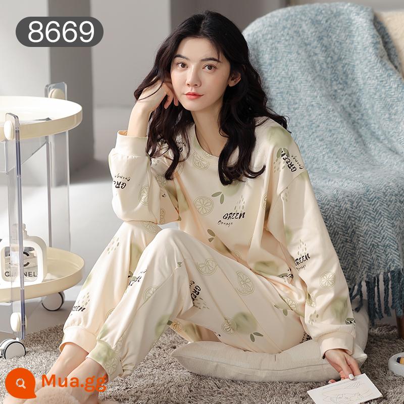 Bộ đồ ngủ Catman nữ cotton xuân thu quần dài tay có thể mặc bên ngoài Bộ đồ mặc ở nhà 100% cotton phong cách mới 2023 - Apricot Lime [Bộ đồ dài tay 100% cotton]