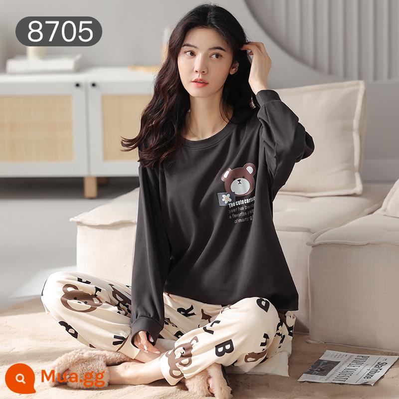 Bộ đồ ngủ Catman nữ cotton xuân thu quần dài tay có thể mặc bên ngoài Bộ đồ mặc ở nhà 100% cotton phong cách mới 2023 - Gấu nâu [bộ đồ dài tay 100% cotton]