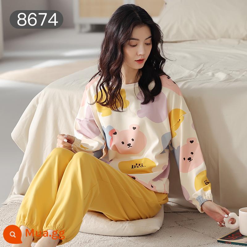 Bộ đồ ngủ Catman nữ cotton xuân thu quần dài tay có thể mặc bên ngoài Bộ đồ mặc ở nhà 100% cotton phong cách mới 2023 - Gấu vàng [bộ đồ dài tay 100% cotton]