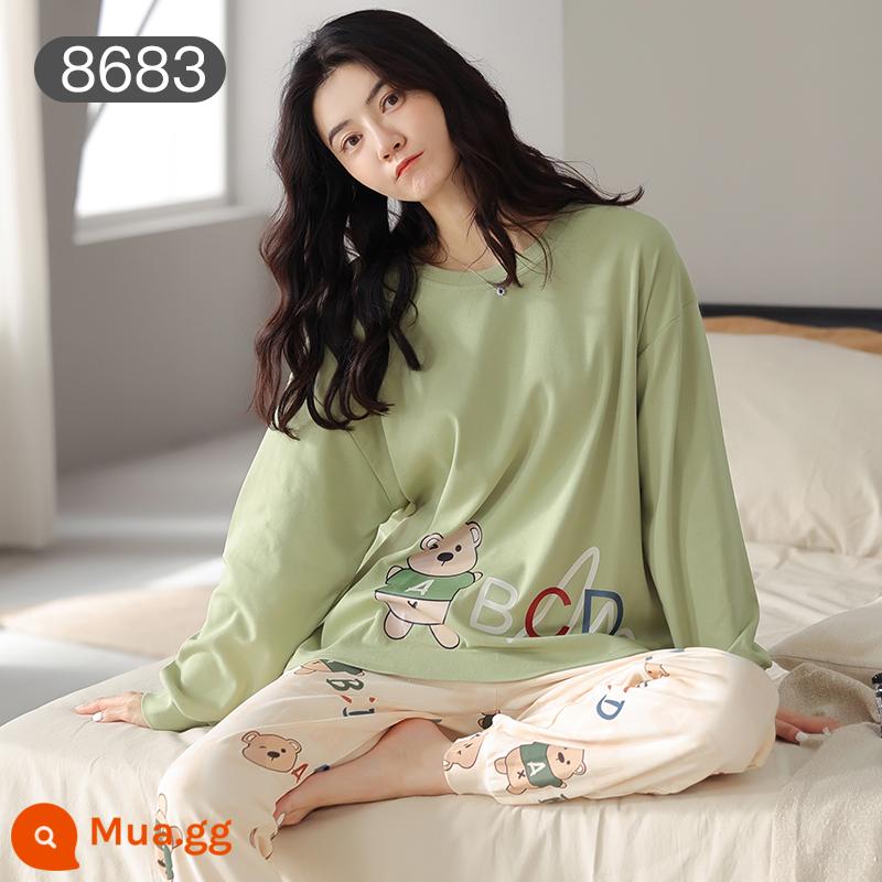 Bộ đồ ngủ Catman nữ cotton xuân thu quần dài tay có thể mặc bên ngoài Bộ đồ mặc ở nhà 100% cotton phong cách mới 2023 - Gấu Cyan [bộ đồ dài tay 100% cotton]