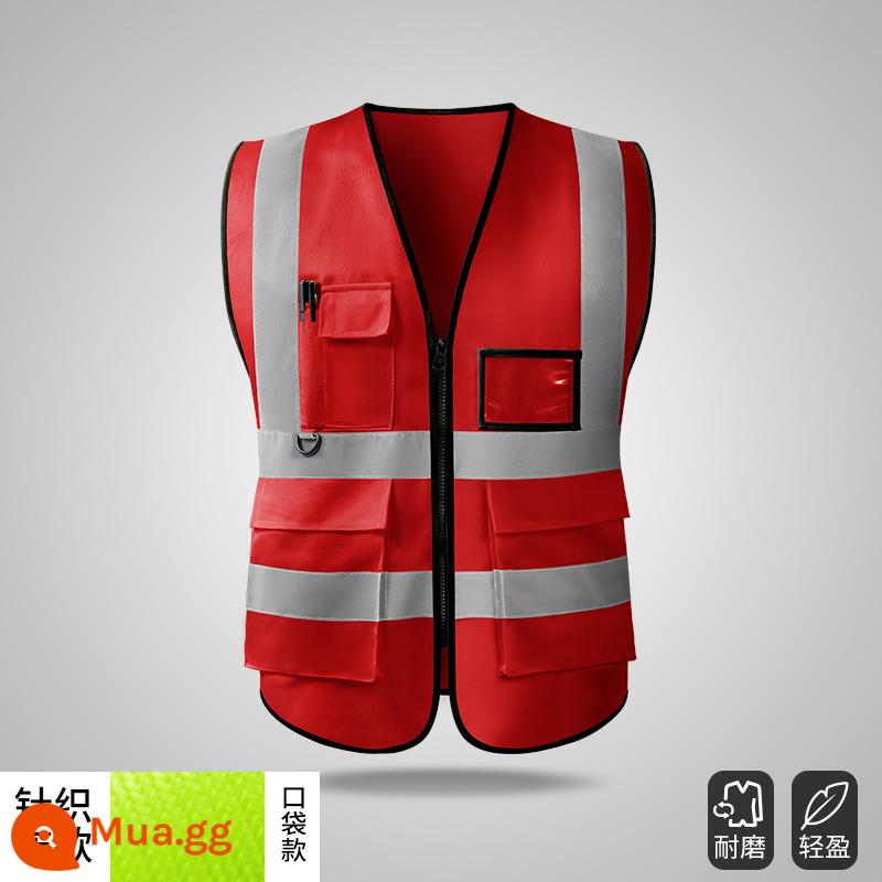 Áo vest an toàn phản quang quần áo giao thông công trường xây dựng vest vệ sinh huỳnh quang quần áo làm việc công nhân Huang Xiaxia nam tùy chỉnh - Kiểu túi - màu đỏ lớn