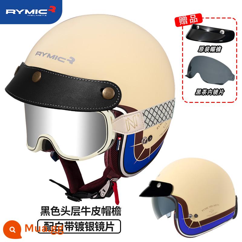 RYMIC 3C được chứng nhận xe máy Harley Retro bluetooth xe máy Mũ bảo hiểm nửa mùa đông đa năng cho nam và nữ - Hiệp sĩ Vàng, Đỏ và Xanh (đi kèm kính mạ bạc màu trắng nhạt + vành mũ da màu đen)