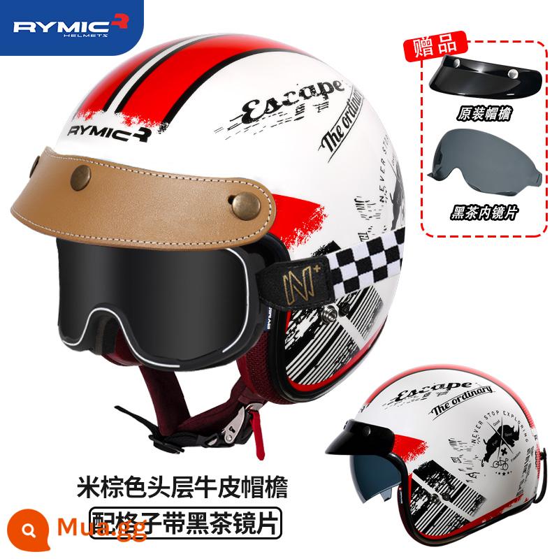 RYMIC 3C được chứng nhận xe máy Harley Retro bluetooth xe máy Mũ bảo hiểm nửa mùa đông đa năng cho nam và nữ - Sự hồi sinh của màu đỏ và trắng (gửi kẻ sọc với ly trà đen + vành mũ da nâu)