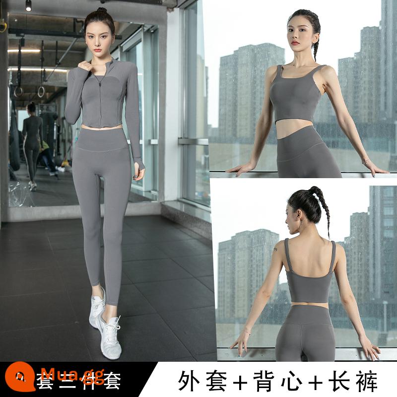 LULU Yoga Quần áo Huấn luyện Pilate Set Nữ 2022 MỚI VESS MỚI VID LOUDEVED RUNTER SITS - Áo khoác xám + vest xám + quần xám