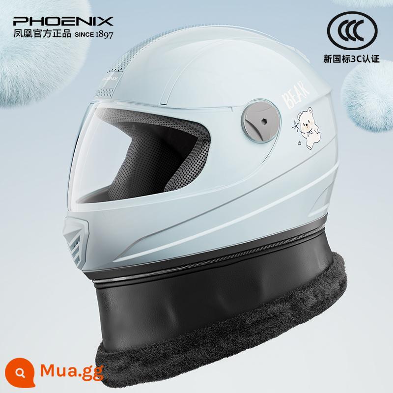 Phoenix 3C chứng nhận xe điện mũ bảo hiểm mùa đông nữ ấm áp bao gồm tất cả mũ bảo hiểm xe máy mũ bảo hiểm đầy đủ - Gấu màu xanh dễ thương Haze [HD chống sương mù] Khăn nhung có thể tháo rời