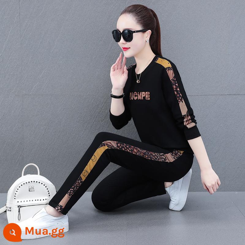 Chim Gõ Kiến Cotton Nguyên Chất Bộ Đồ Thể Thao Nữ Xuân Thu 2022 Mùa Thu Mới Dáng Rộng Áo Giảm Tuổi Ba Bộ Đồ - Đen [áo + quần thể thao]