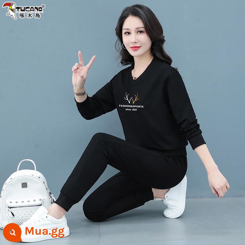 Bộ đồ thể thao chim gõ kiến nữ xuân thu 2023 mới thu đông dáng rộng cổ tròn cotton dày T chạy 2 bộ đồ - Màu đen (bộ hai mảnh không có nhung)