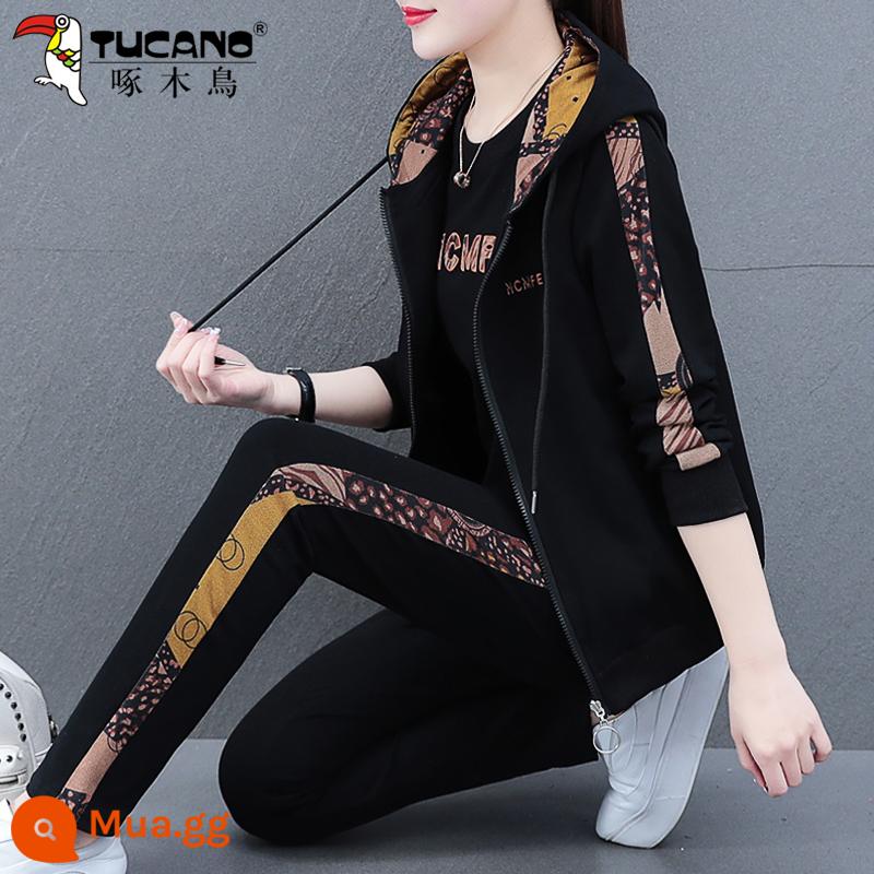 Chim Gõ Kiến Cotton Nguyên Chất Bộ Đồ Thể Thao Nữ Xuân Thu 2022 Mùa Thu Mới Dáng Rộng Áo Giảm Tuổi Ba Bộ Đồ - Đen [áo ghi lê + áo nỉ + quần thể thao]