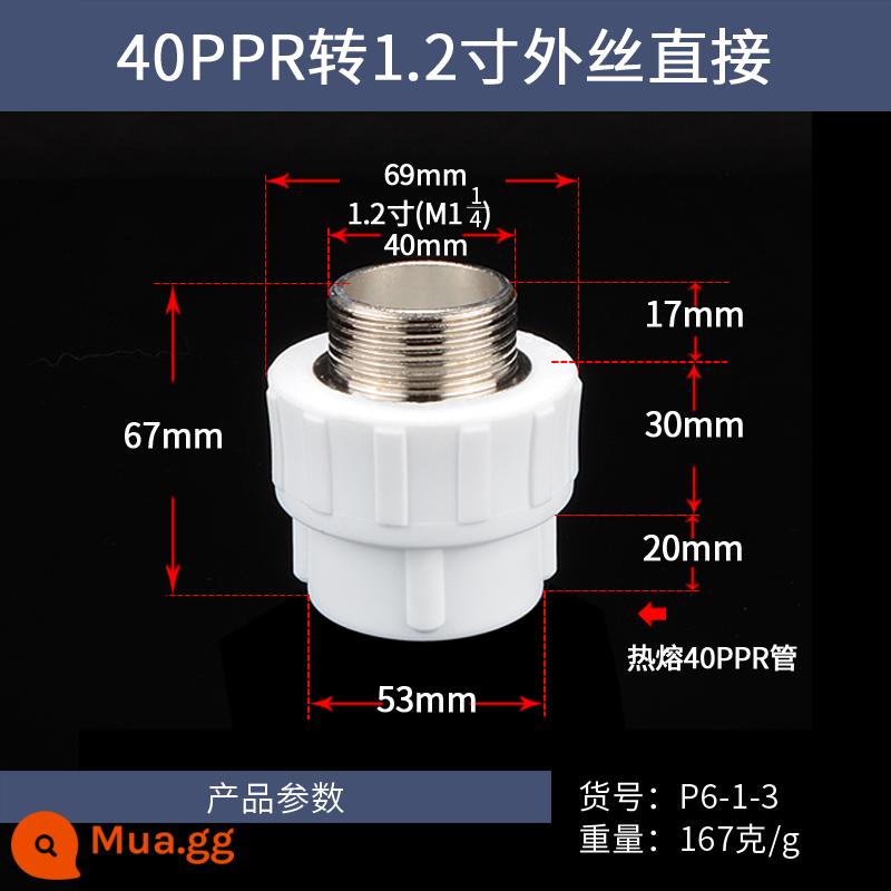 4 phút 6 phút 1 inch PPR phụ kiện đường ống nước nóng lạnh 20/25/32/40/50/63PPR dây bên ngoài phụ kiện đường ống nóng chảy trực tiếp - Dây ngoài 40PPR đến 1,2 inch trực tiếp