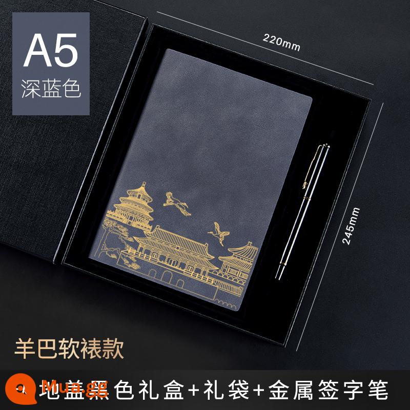 Bộ hộp quà tặng máy tính xách tay Guochao Bộ có thể in tùy chỉnh Logo dày Retro Phong cách Trung Quốc Notepad A5 Sổ ghi chép cuộc họp công việc kinh doanh cao cấp Giải thưởng sinh viên Quà tặng công ty Quà lưu niệm tùy chỉnh - Sách gắn yangba màu xanh đậm A5 Y-2562 + bút kim loại + hộp quà màu đen + túi quà