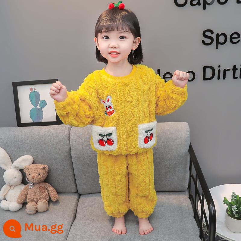 Trẻ Em Nỉ San Hô Bộ Đồ Ngủ Bé Gái Mùa Đông Cho Bé Bộ Quần Áo Ở Nhà Thu Đông Bé Gái Dày Dép Nỉ Phù Hợp Với Trẻ Em - Bộ đồ bỏ túi màu vàng anh đào (dày và ấm)