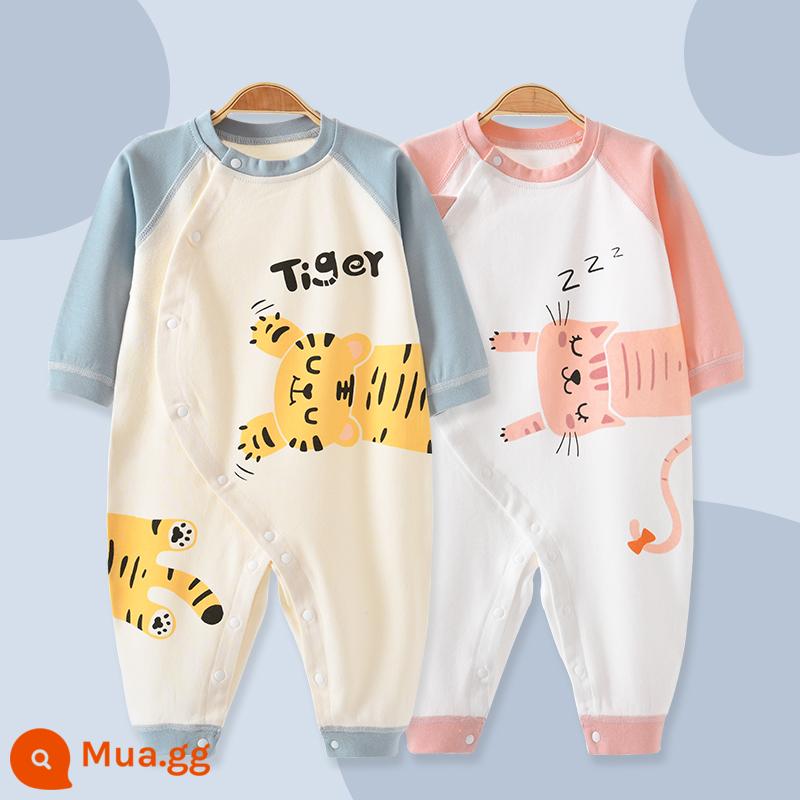 Áo Liền Quần Cho Bé Mùa Xuân Cotton Nam Nữ Quần Áo Sơ Sinh Xuân Thu Hoạt Hình Không Xương Áo Liền Quần Mùa Xuân Quần Liền Quần - hổ + mèo