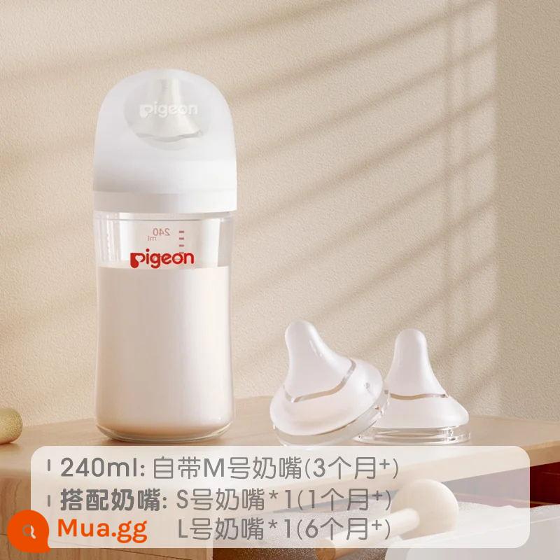 [Pigeon 391] Natural Reality Thế hệ thứ 3 Bình bú thủy tinh cỡ lớn cho bé Bộ bàn chải ống núm ti giả sữa mẹ - Bình 240ml + size S + núm ty size L