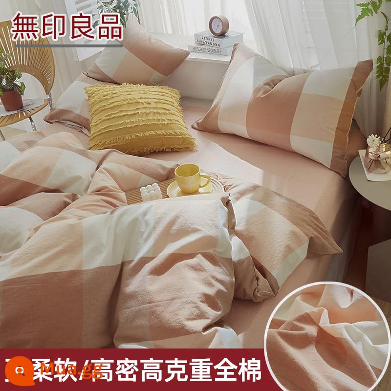 MUJI giường bông nguyên chất bộ bốn mảnh 100 tấm cotton chăn bốn mùa phổ quát được trang bị tấm chăn ga gối ba mảnh bộ 4 - Lưới lớn màu hồng (nâng cấp độ mềm mại - hàng sẵn có)