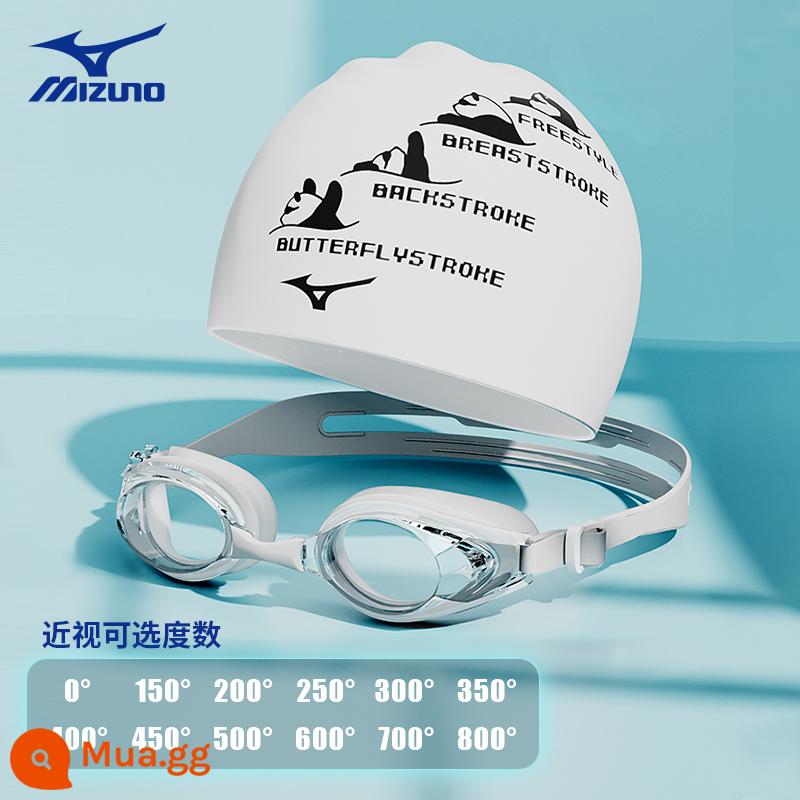 Mizuno Mũ Bơi Bốn Gấu Trúc Nữ Tóc Dài Chống Nước Đặc Biệt Butler Đầu Nam Lớn Chuyên Nghiệp Silicone Mũ Bơi - 2030 kính bơi cận thị + mũ bơi màu trắng trong suốt