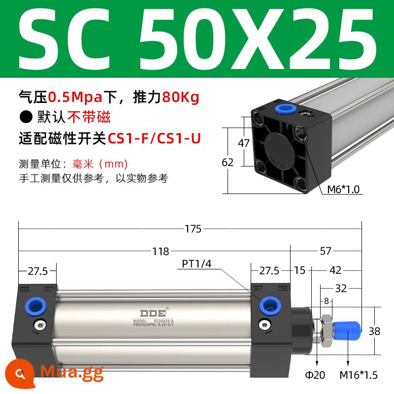 Xi lanh tiêu chuẩn SC63 lực đẩy lớn 32 khí nén nhỏ SC40/50/80/100*125X150X200X500-S - SC50X25