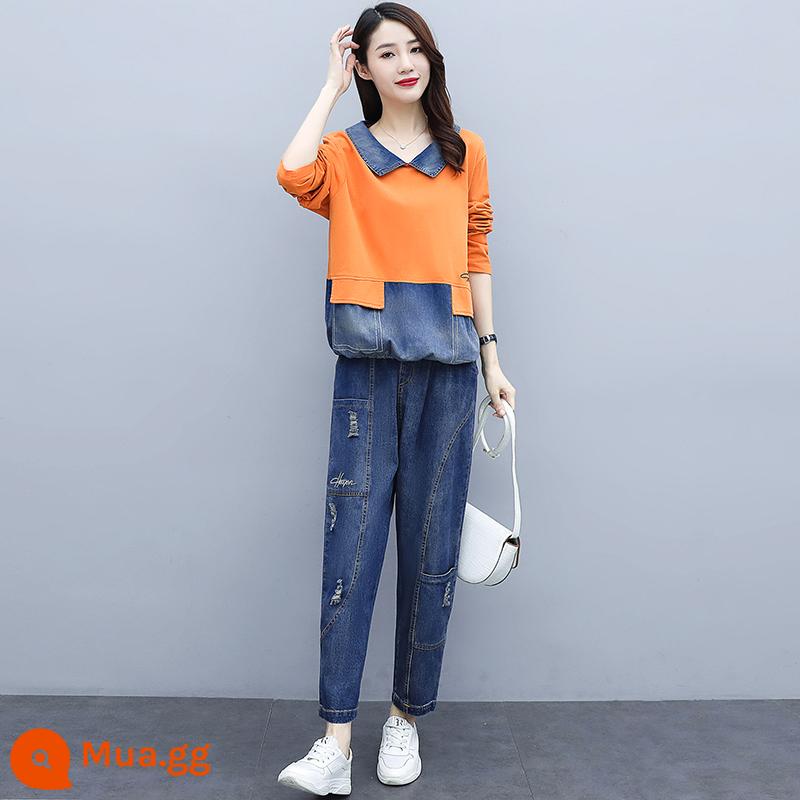 Đầu mùa thu mới hơi mập cỡ lớn denim nối cũ áo thun dài tay ve áo che thịt áo len cướp quần giản dị phù hợp với - Nhóm 5035 màu cam