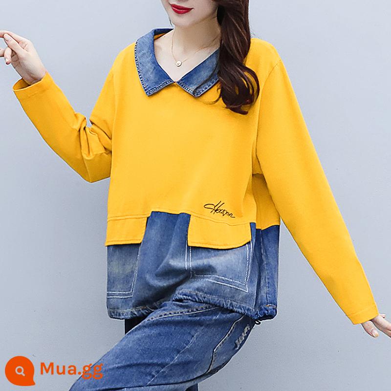 Đầu mùa thu mới hơi mập cỡ lớn denim nối cũ áo thun dài tay ve áo che thịt áo len cướp quần giản dị phù hợp với - Áo vàng 5035Y