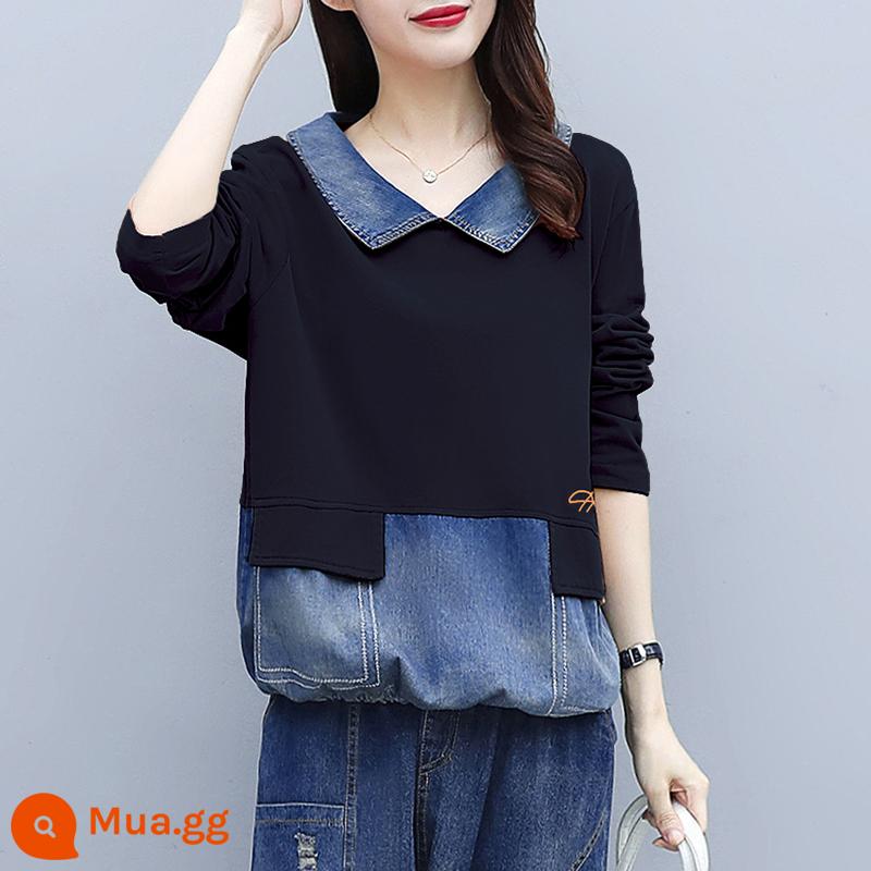 Đầu mùa thu mới hơi mập cỡ lớn denim nối cũ áo thun dài tay ve áo che thịt áo len cướp quần giản dị phù hợp với - Áo đen 5035Y