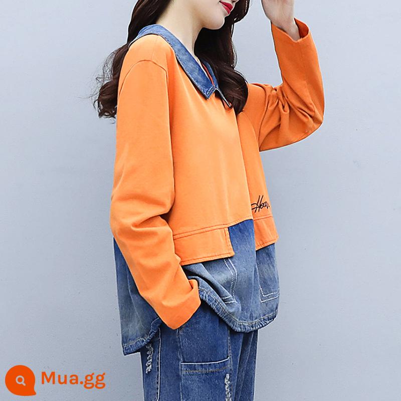 Đầu mùa thu mới hơi mập cỡ lớn denim nối cũ áo thun dài tay ve áo che thịt áo len cướp quần giản dị phù hợp với - Áo màu cam 5035Y