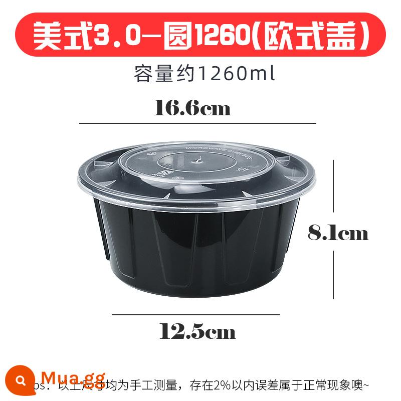 900ml hộp đóng gói tròn kiểu Mỹ giao hộp ăn trưa dùng một lần thương mại hộp ăn trưa dày màu đen có nắp bát nhựa - Mỹ tròn 1260 đen [nâng cấp lên thế hệ thứ 3] 150 bộ