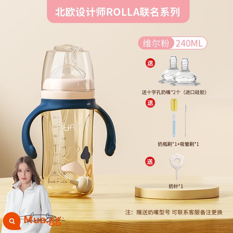 Chai một tuổi Big Baby 2 tuổi 3 -Year -old Chai vú 6 tháng chống nhiễm trùng em bé uống có đường kính rộng bằng sữa - [Mẫu nâng cấp ROLLA] 240ml màu hồng + tặng kèm 2 núm vú giả + cọ bình sữa