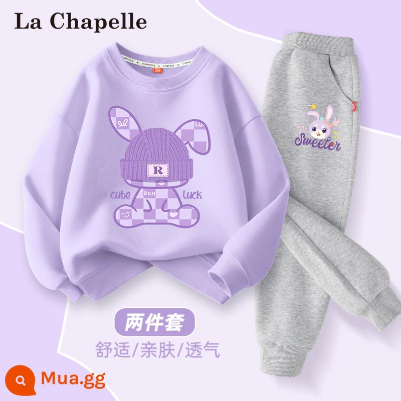 Bộ Quần Áo Mùa Xuân Nữ La Chapelle 2024 Phong Cách Phương Tây Mới Quần Áo Trẻ Em Bé Gái Thể Thao Mùa Xuân Quần Áo Trẻ Em Quần Áo Trẻ Em - [Quần thể thao Terry] Z đội mũ thỏ khoai môn tím + quần thỏ bướm màu xám