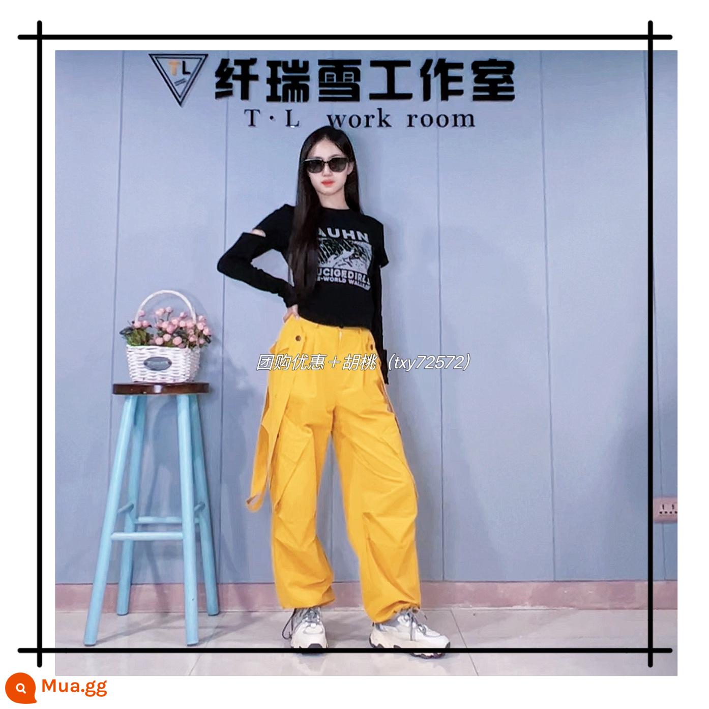 Xianruixue chính hãng 331 thời trang cotton co giãn dài tay + 334 twill cotton giặt dây đeo vai giản dị áo liền quần - (Giảm giá 331+334 quần không kèm thắt lưng) tay dài màu đen + quần yếm màu vàng