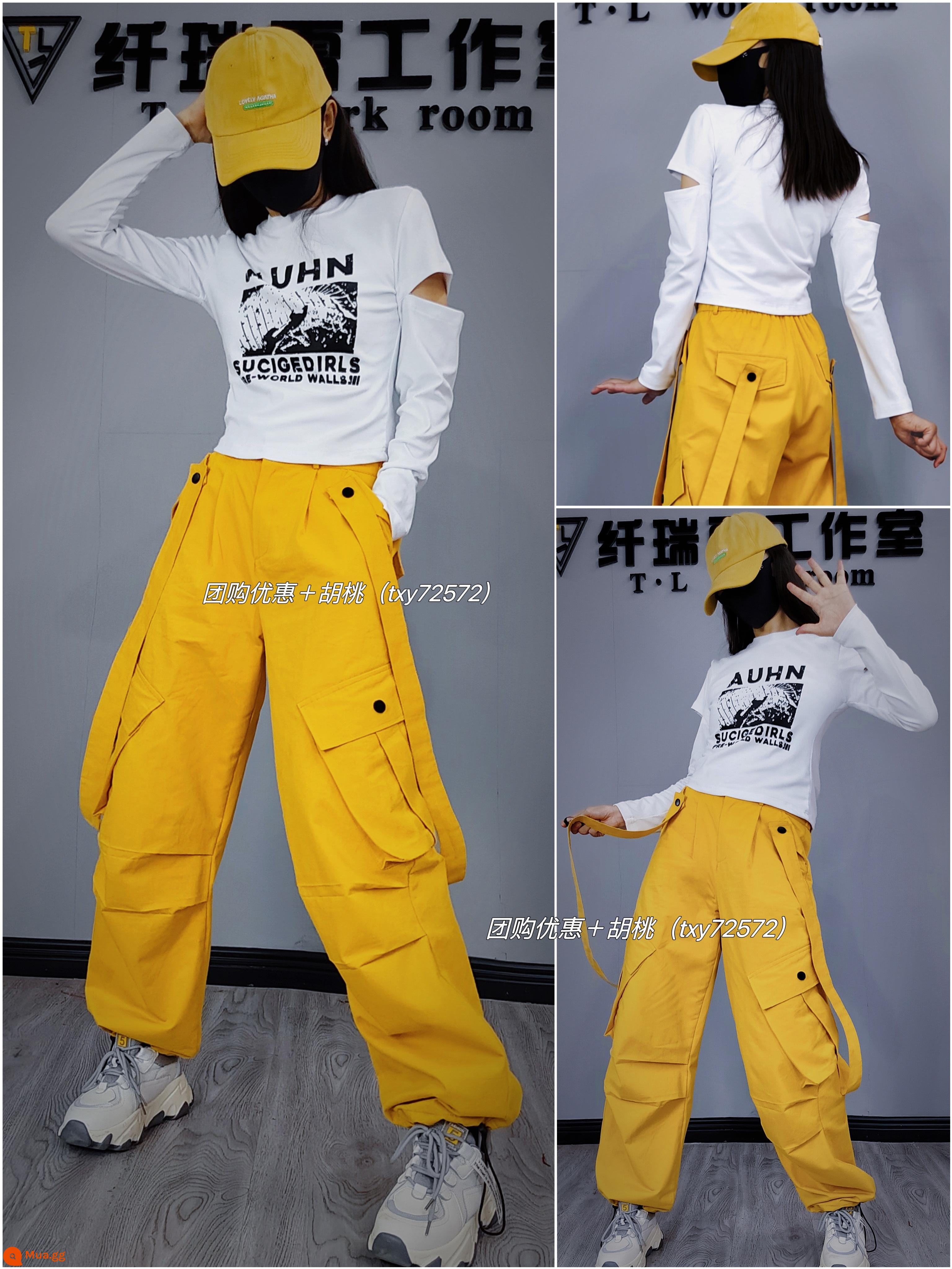 Xianruixue chính hãng 331 thời trang cotton co giãn dài tay + 334 twill cotton giặt dây đeo vai giản dị áo liền quần - (quần 334# không có thắt lưng) quần yếm màu vàng có dây đeo vai