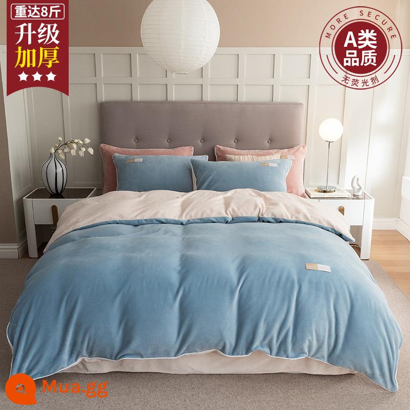 Sữa MUJI Nhung Giường 4 Bộ Nhung San Hô Mùa Đông 2 Mặt Plus Nhung Giường Vỏ Chăn Dép Nỉ Chăn Ga Gối - Ice Snow Blue-Khaki [Lớp A cho bé, chống tĩnh điện, không rụng lông]