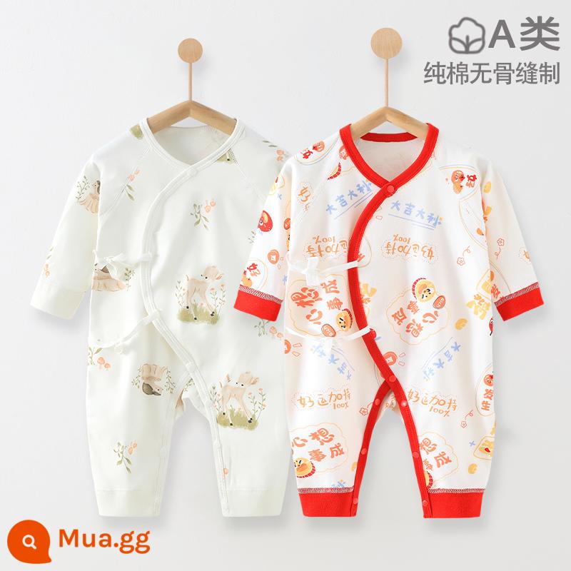 Áo liền quần cho bé xuân thu cotton nguyên chất quần áo sơ sinh 0-6 tháng tuổi áo liền quần quần áo trẻ em không xương - Chúc may mắn + Hươu cỏ