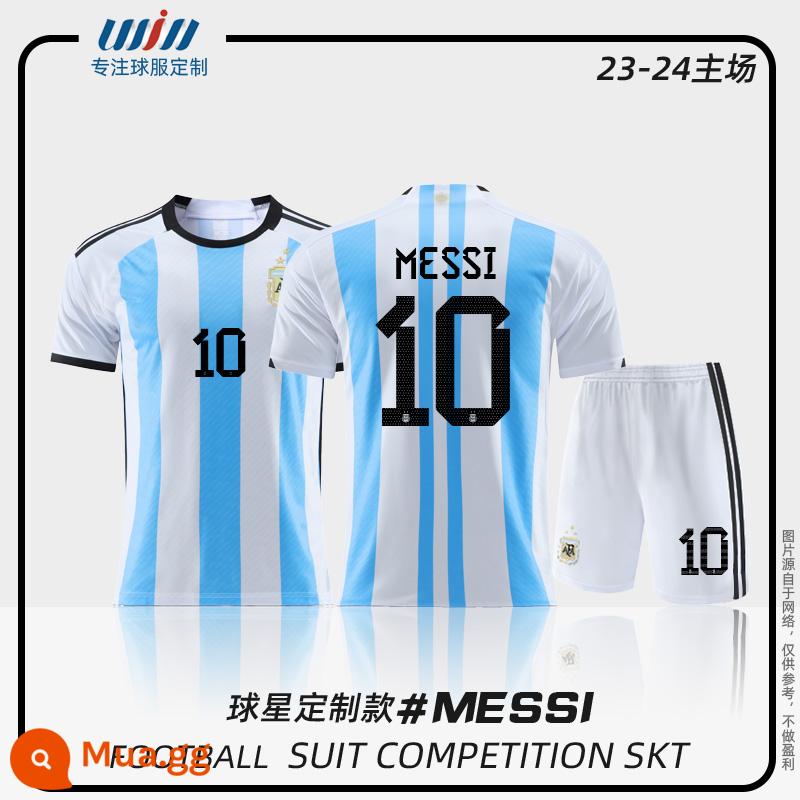 2022 World Cup Argentina Messi Jersey Children Quần áo bóng đá tùy chỉnh Dịch vụ Đội thể thao thể thao của đội tuyển quốc gia - Quần trắng sân nhà Argentina 22-23 Áo số 10 Messi