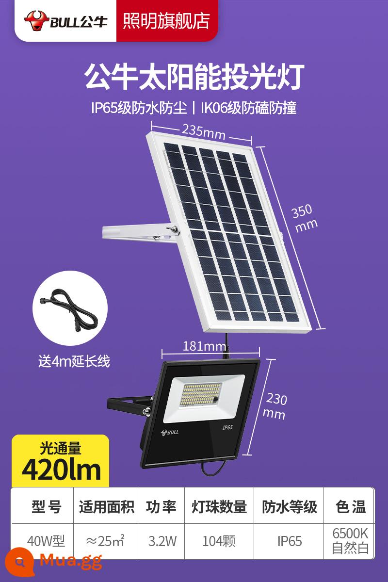 Bull Solar Đèn ngoài trời Đèn sân vườn Hộ gia đình Chiếu sáng ngoài trời siêu sáng Đèn chống nước Đèn đường ngoài trời Đèn năng lượng mặt trời - [Tặng kèm cáp kéo dài 4 mét] Quang thông 420lm, pin 5000mAh (25 mét vuông)