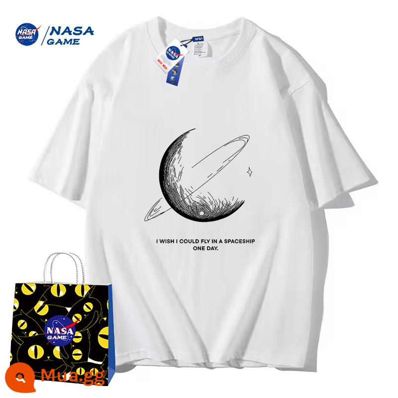 Trang web chính thức của NASA GAME sản phẩm mới đồng thương hiệu 2024 Áo phông ngắn tay cotton nguyên chất dành cho nam và nữ Áo phông hàng hiệu hợp thời trang Áo thun đôi - Áo thun trắng hành tinh NASA