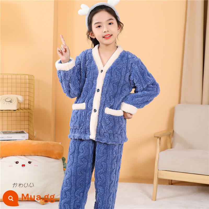 2022 Mùa Thu Đông Sản Phẩm Mới Bé Gái Dày Dép Nỉ Homewear Trẻ Em Ấm Áp Nỉ Mặc Bộ Đồ Ngủ Bộ - Cô gái chim công viền trắng