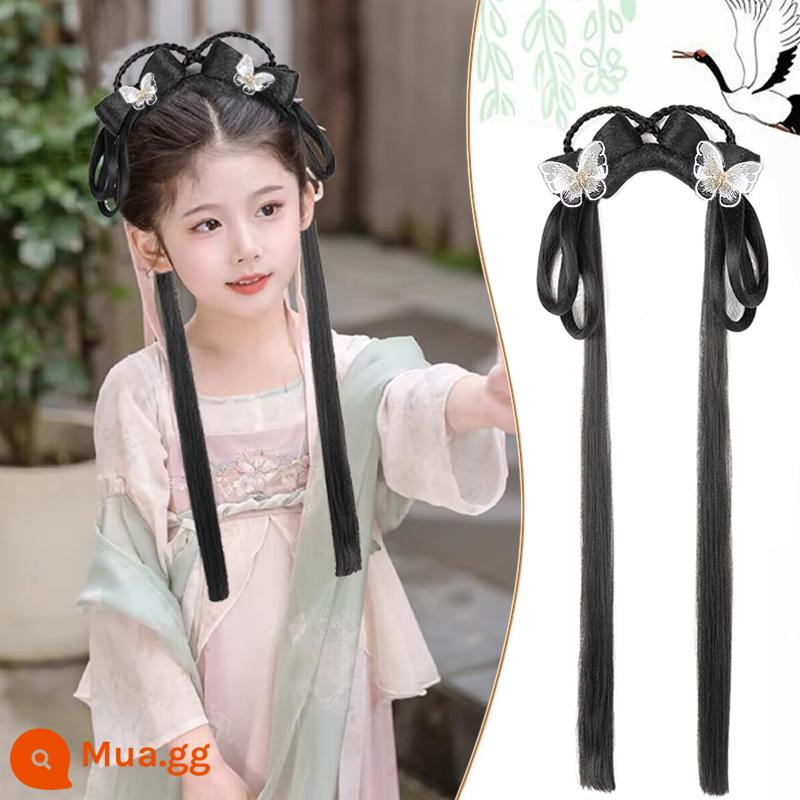 Trẻ em Hanfu tóc giả gói tấm tóc cổ trang phục một mảnh headband cổ gió tóc giả bé gái tạo kiểu phụ kiện tóc búi tóc trùm đầu - Bánh Liên Nhạc + bướm trắng