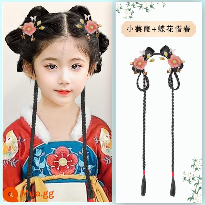 Trẻ em Hanfu tóc giả gói tấm tóc cổ trang phục một mảnh headband cổ gió tóc giả bé gái tạo kiểu phụ kiện tóc búi tóc trùm đầu - Tiểu Kiếm Giáp + Bướm Hoa Tây Xuân