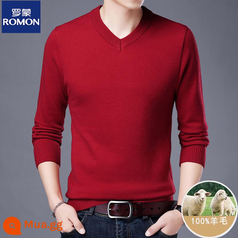 Những người đàn ông mới 100 chiếc áo len cashmere tinh khiết trung gian được sản xuất vào mùa đông, cổ áo bán bằng len và áo len dày - Cổ chữ V màu đỏ tươi