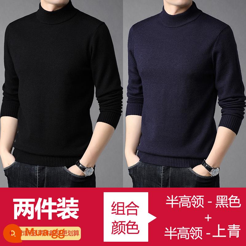 Những người đàn ông mới 100 chiếc áo len cashmere tinh khiết trung gian được sản xuất vào mùa đông, cổ áo bán bằng len và áo len dày - đen + xanh