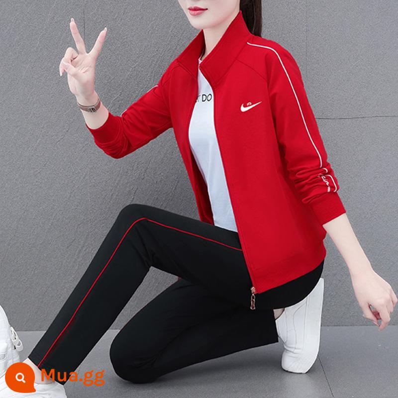 NK Thương Hiệu Nổi Tiếng Giày Thể Thao Bộ Đồ Nữ Thu Đông 2023 Mới Cardigan Cotton Dày T Mẹ Thời Trang Thu Đông 3 bộ - 91 Big Red [Bộ ba món]