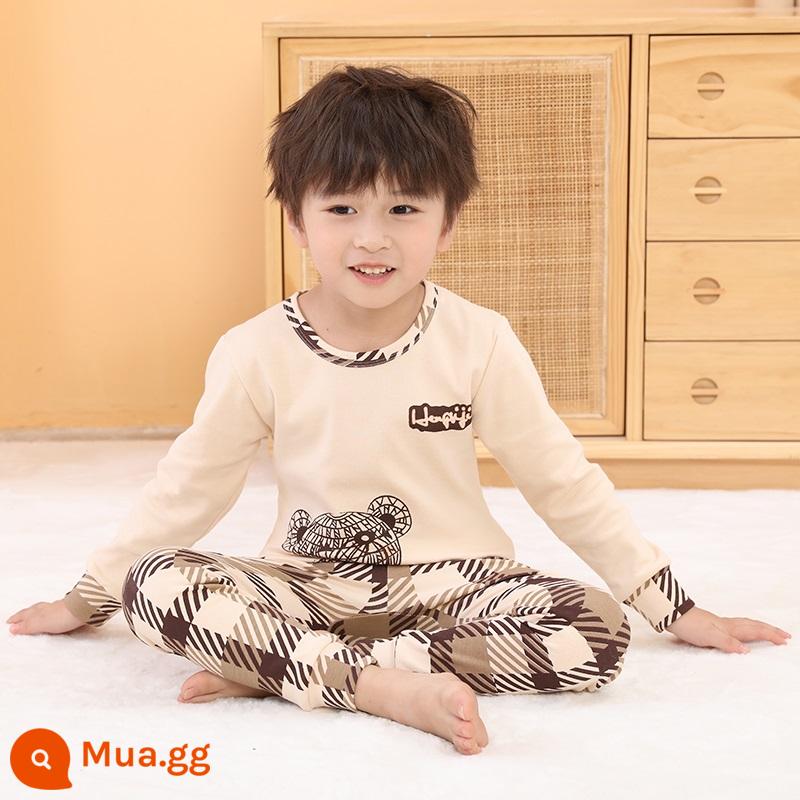 Bộ quần áo thu đông và quần vệ sinh bé trai, cotton nguyên chất, quần áo sưởi ấm đáy quần cotton nguyên chất cho trẻ em, quần áo vệ sinh bé trai, đồ ngủ khủng long - Gấu văn phòng phẩm màu be