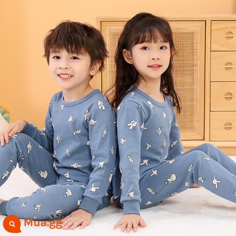 Bộ quần áo thu đông và quần vệ sinh bé trai, cotton nguyên chất, quần áo sưởi ấm đáy quần cotton nguyên chất cho trẻ em, quần áo vệ sinh bé trai, đồ ngủ khủng long - bàn tay hình trái tim màu xanh