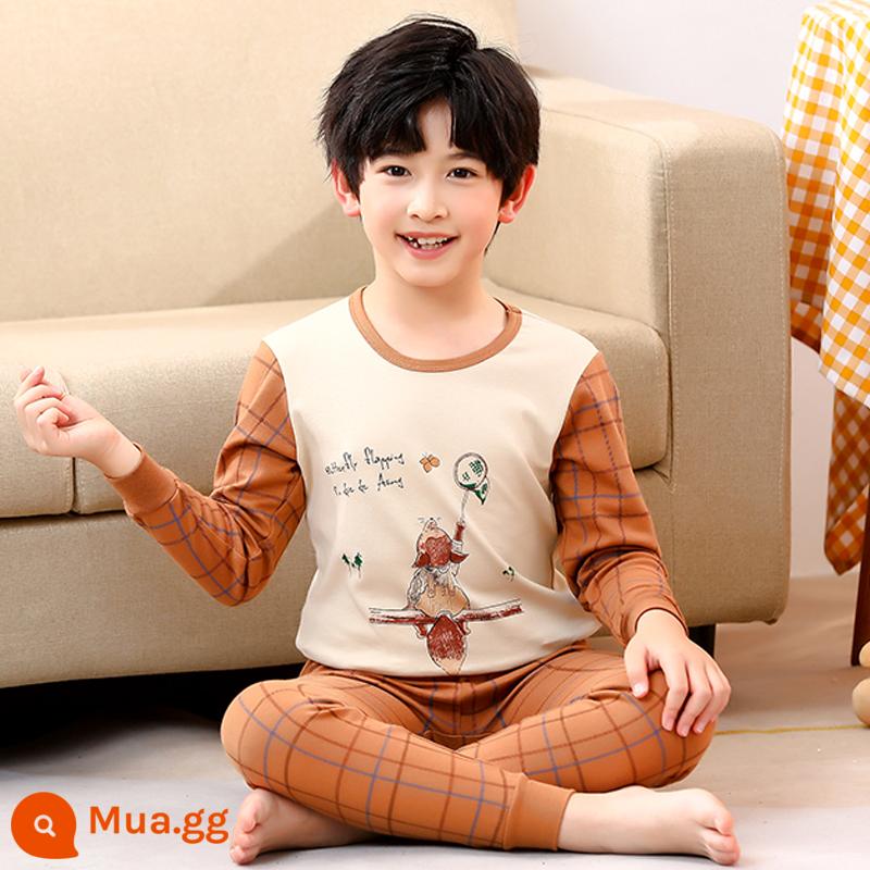 Bộ quần áo thu đông và quần vệ sinh bé trai, cotton nguyên chất, quần áo sưởi ấm đáy quần cotton nguyên chất cho trẻ em, quần áo vệ sinh bé trai, đồ ngủ khủng long - kẻ sọc nâu